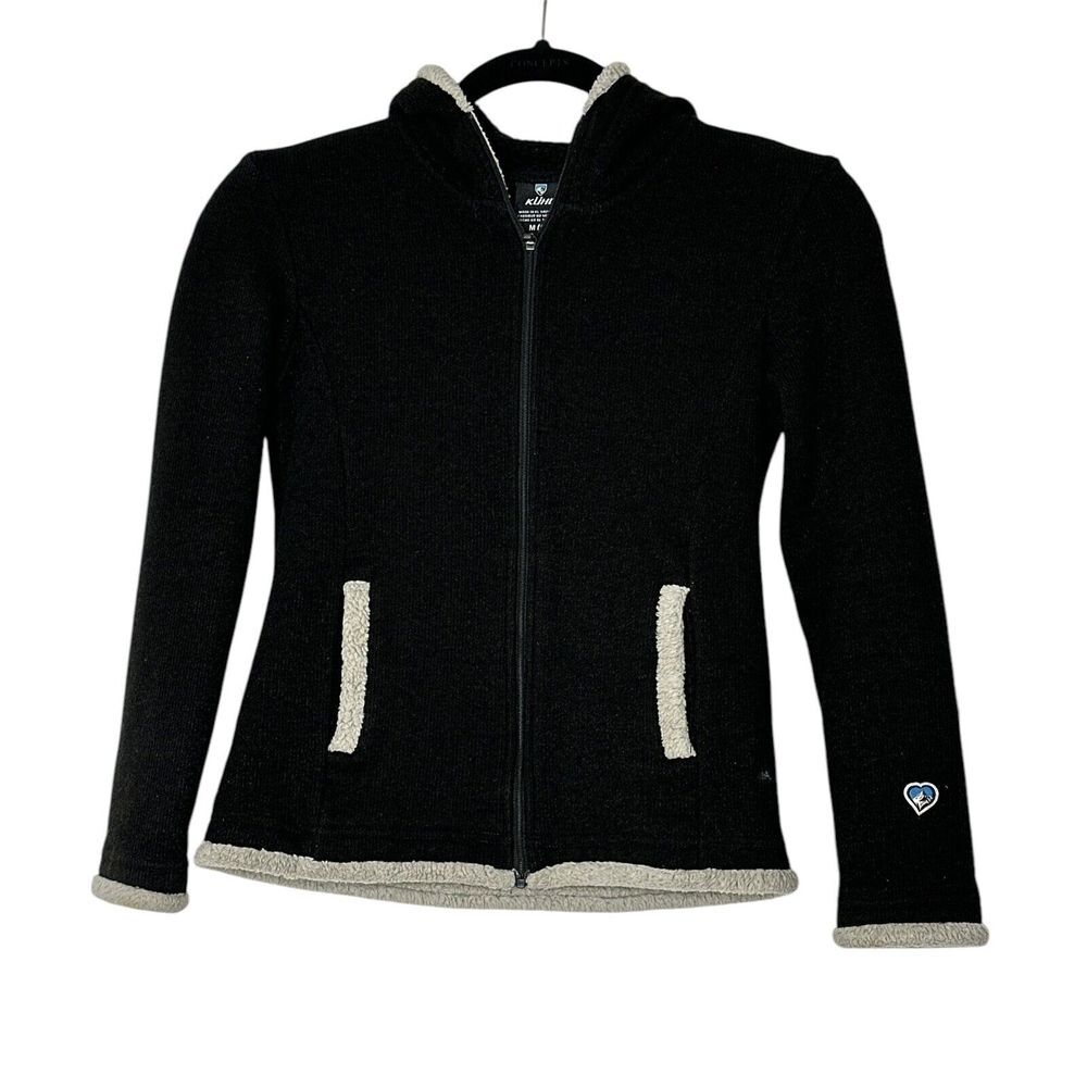 KUHL Jacket GIRLS MEDIUM (10) Black FULL ZIP HOODED SWEATER Outdoor Stretch